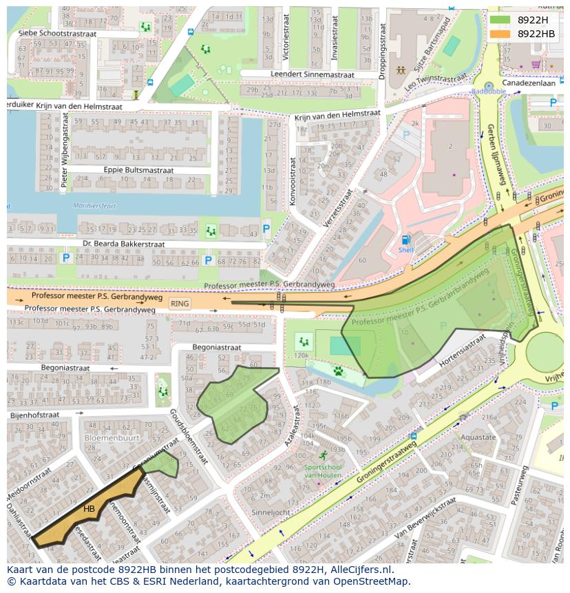 Afbeelding van het postcodegebied 8922 HB op de kaart.
