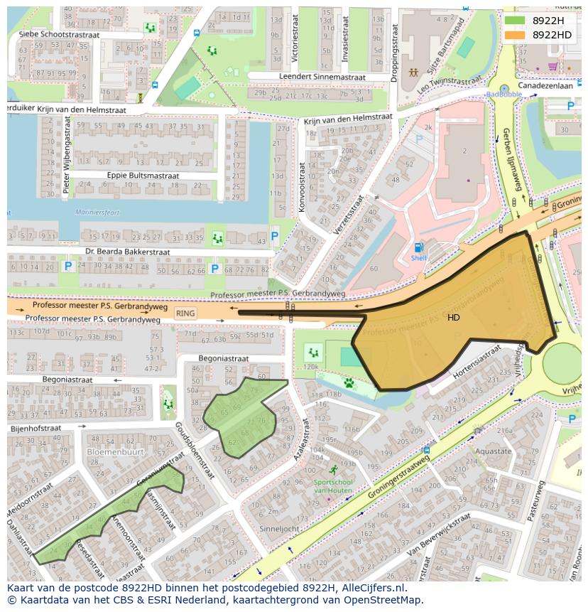 Afbeelding van het postcodegebied 8922 HD op de kaart.