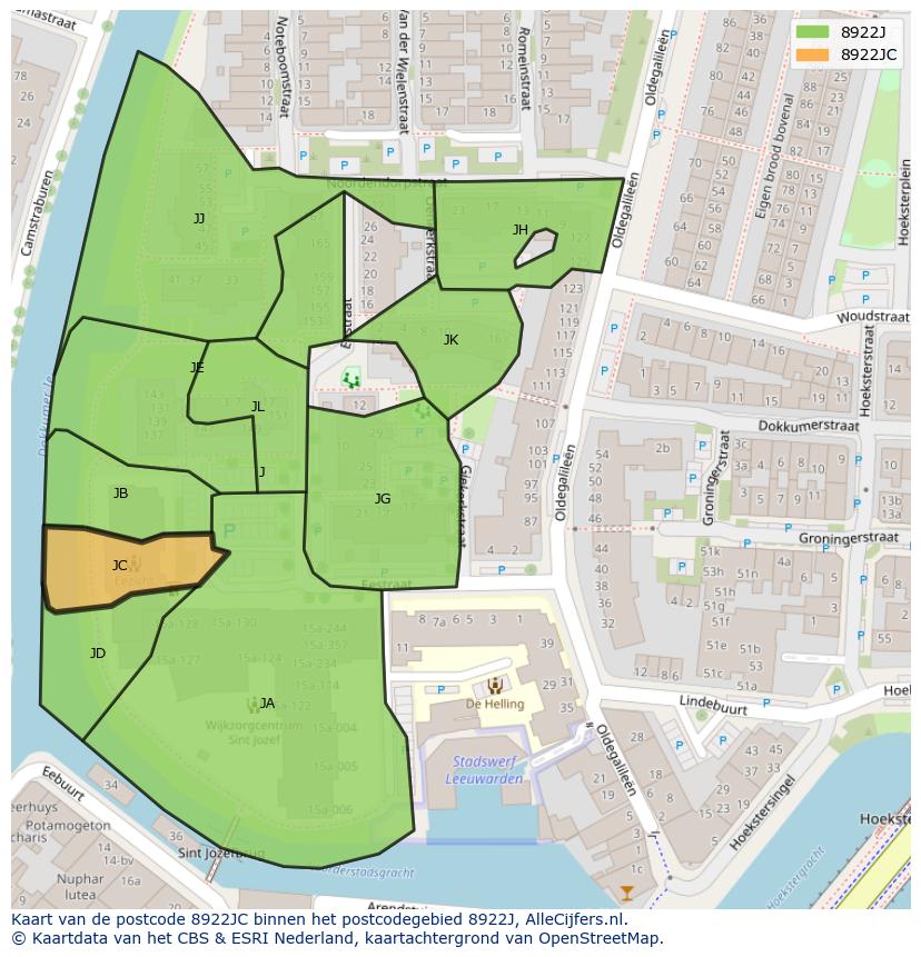 Afbeelding van het postcodegebied 8922 JC op de kaart.