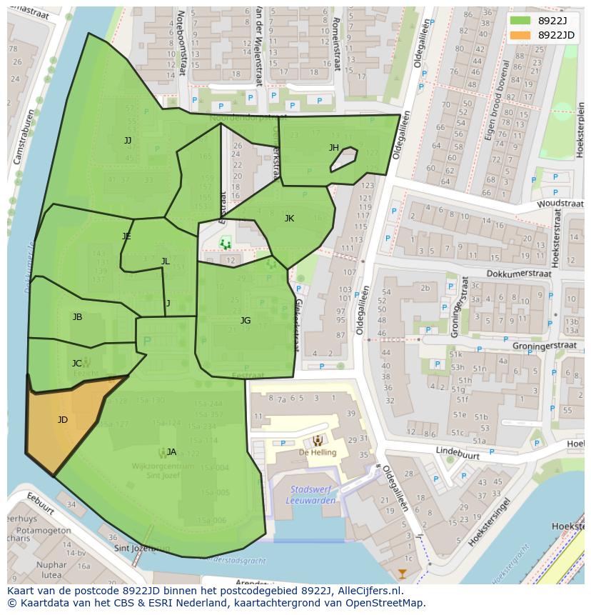 Afbeelding van het postcodegebied 8922 JD op de kaart.
