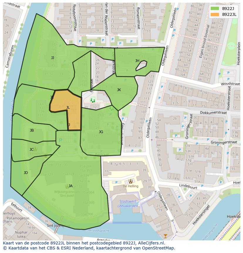 Afbeelding van het postcodegebied 8922 JL op de kaart.