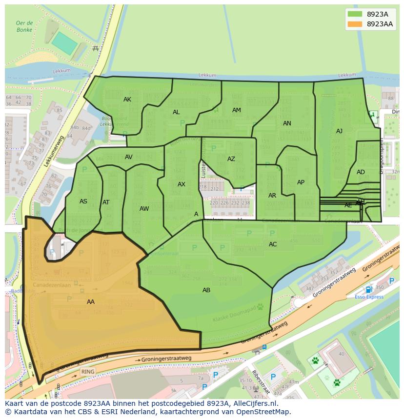 Afbeelding van het postcodegebied 8923 AA op de kaart.