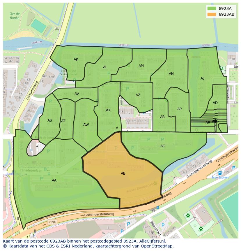 Afbeelding van het postcodegebied 8923 AB op de kaart.