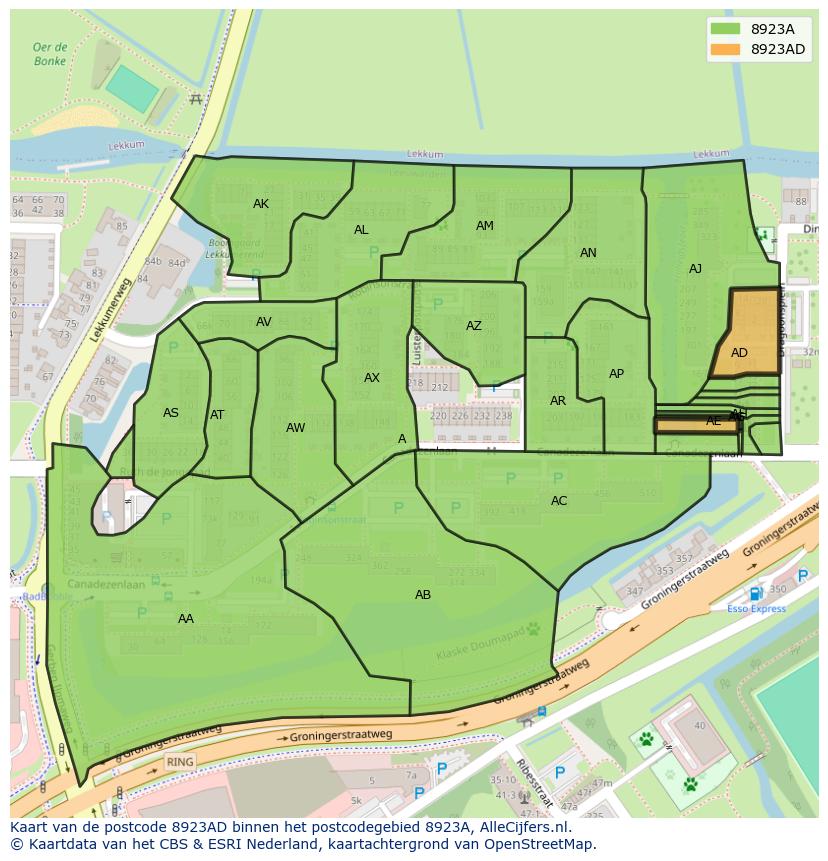 Afbeelding van het postcodegebied 8923 AD op de kaart.