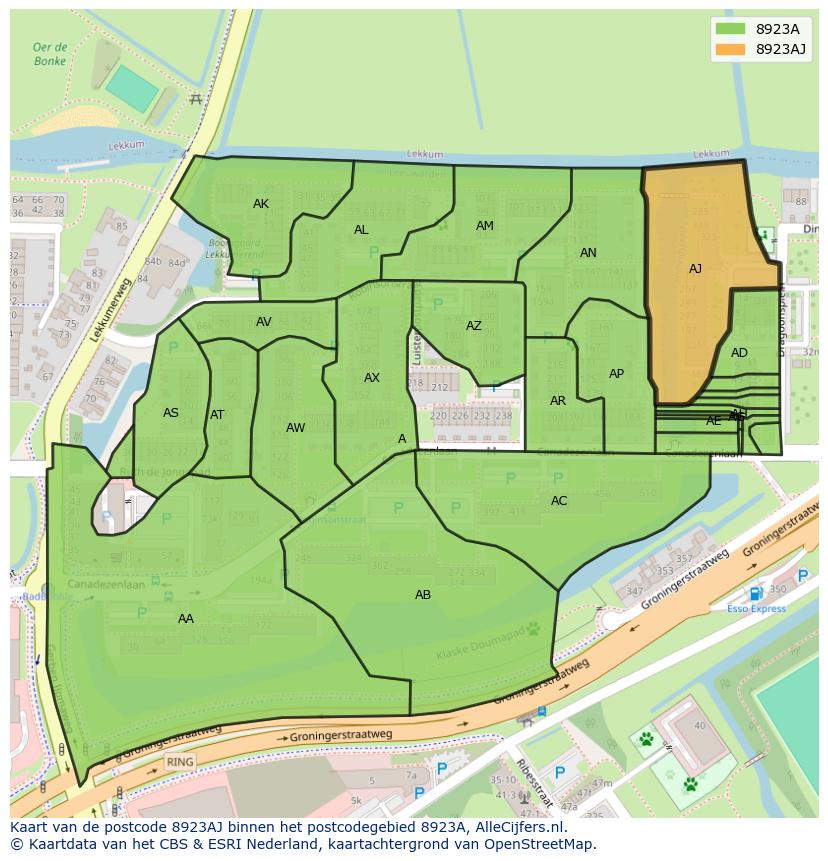 Afbeelding van het postcodegebied 8923 AJ op de kaart.