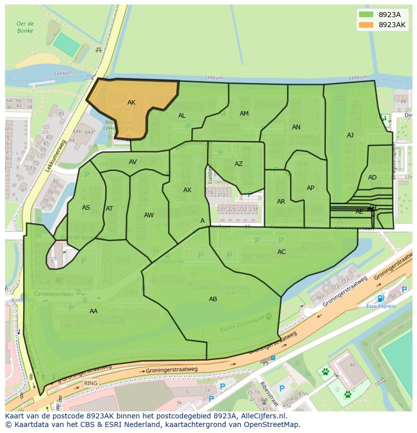 Afbeelding van het postcodegebied 8923 AK op de kaart.
