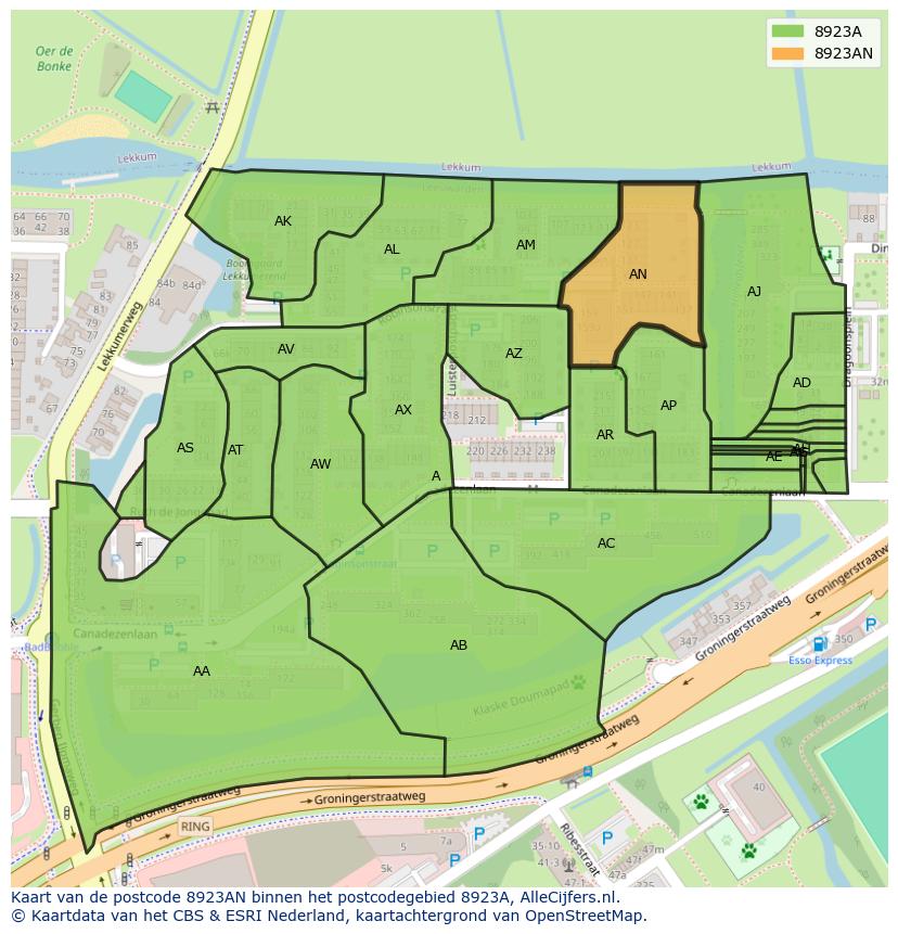 Afbeelding van het postcodegebied 8923 AN op de kaart.