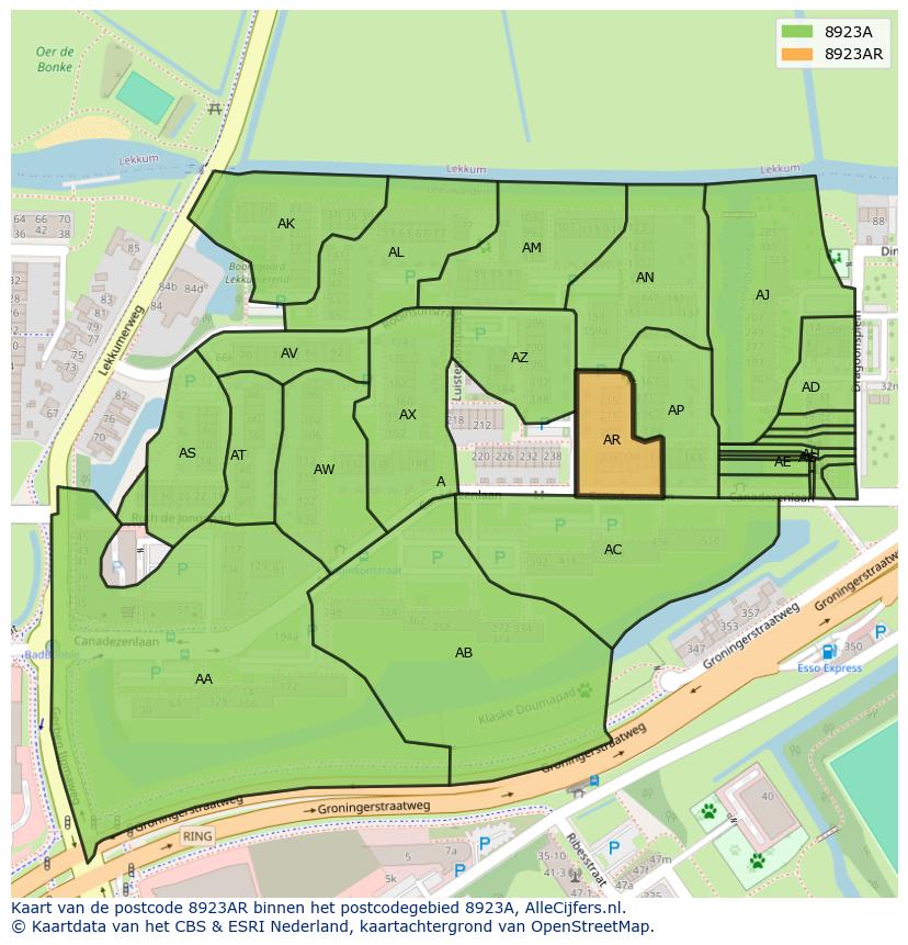 Afbeelding van het postcodegebied 8923 AR op de kaart.
