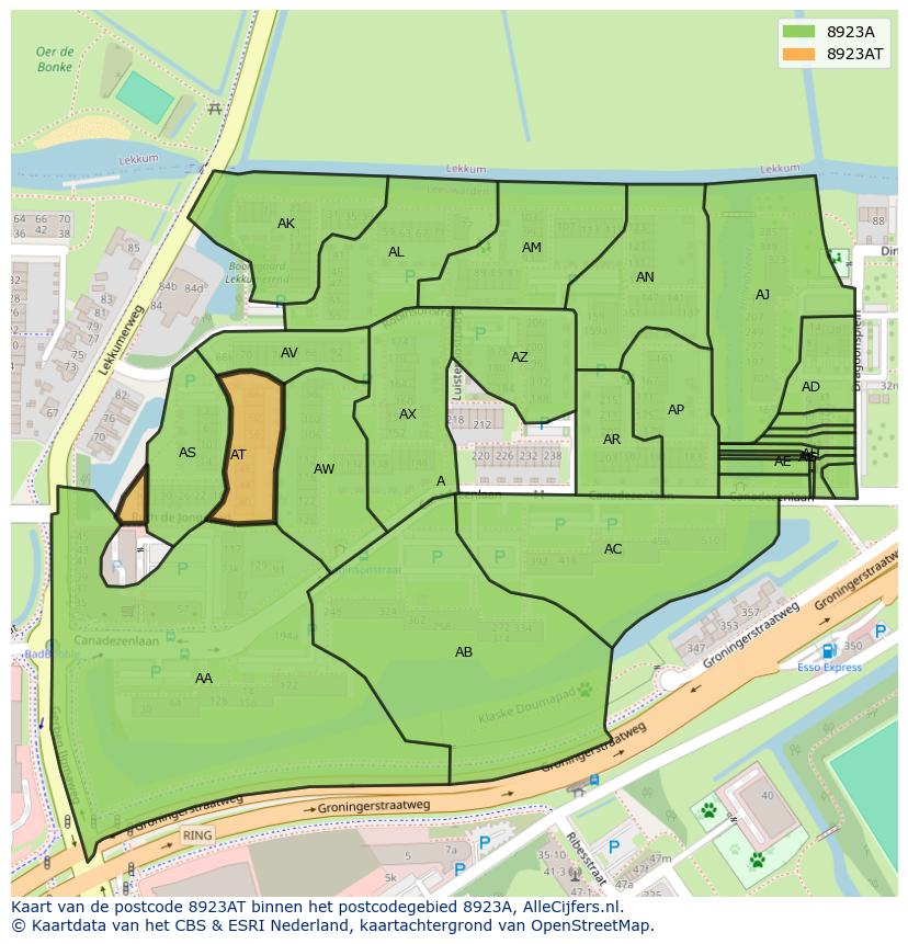 Afbeelding van het postcodegebied 8923 AT op de kaart.