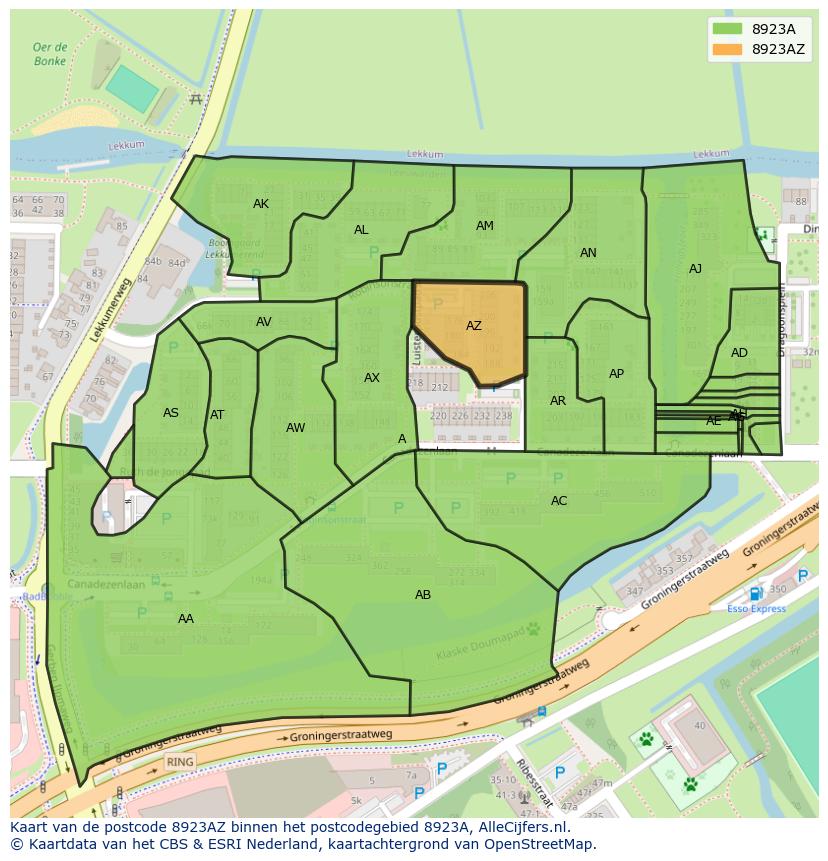 Afbeelding van het postcodegebied 8923 AZ op de kaart.