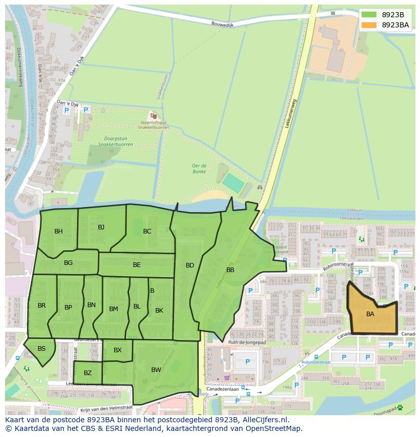 Afbeelding van het postcodegebied 8923 BA op de kaart.