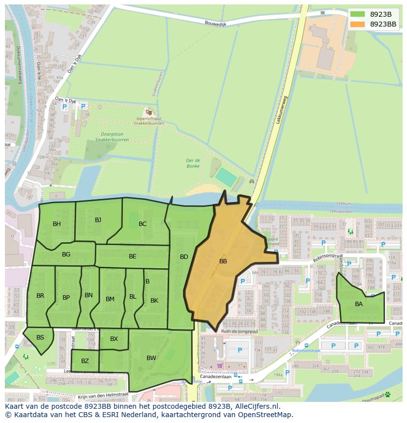 Afbeelding van het postcodegebied 8923 BB op de kaart.