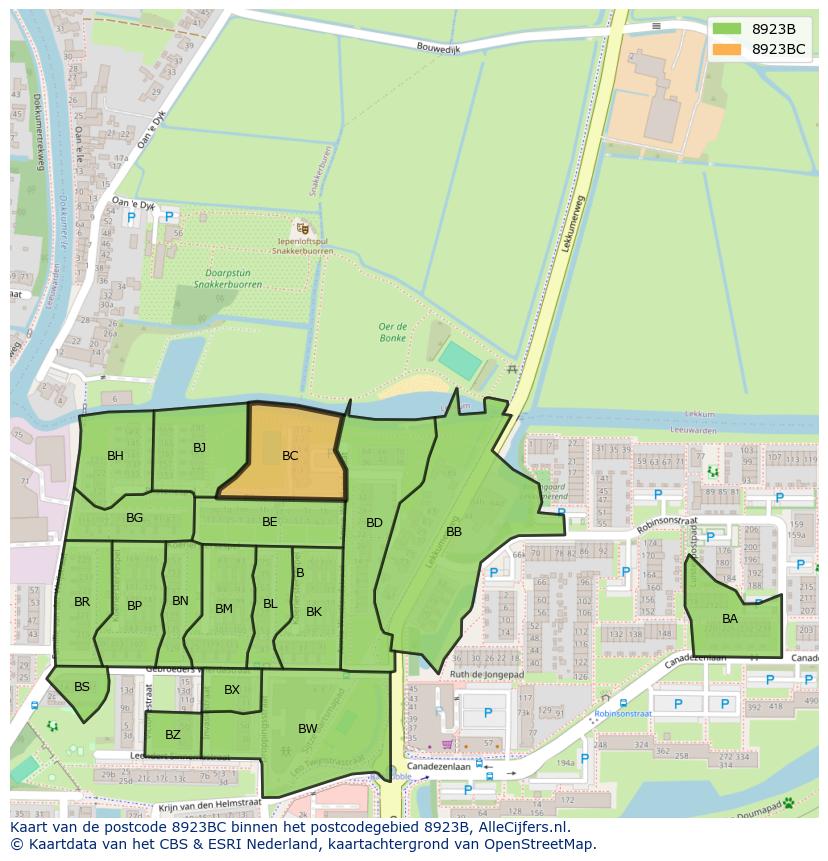 Afbeelding van het postcodegebied 8923 BC op de kaart.