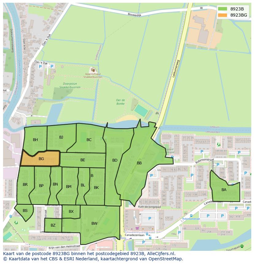 Afbeelding van het postcodegebied 8923 BG op de kaart.