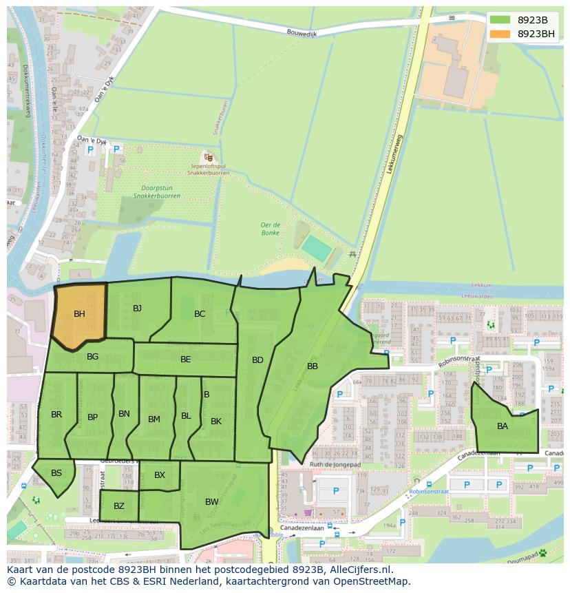 Afbeelding van het postcodegebied 8923 BH op de kaart.