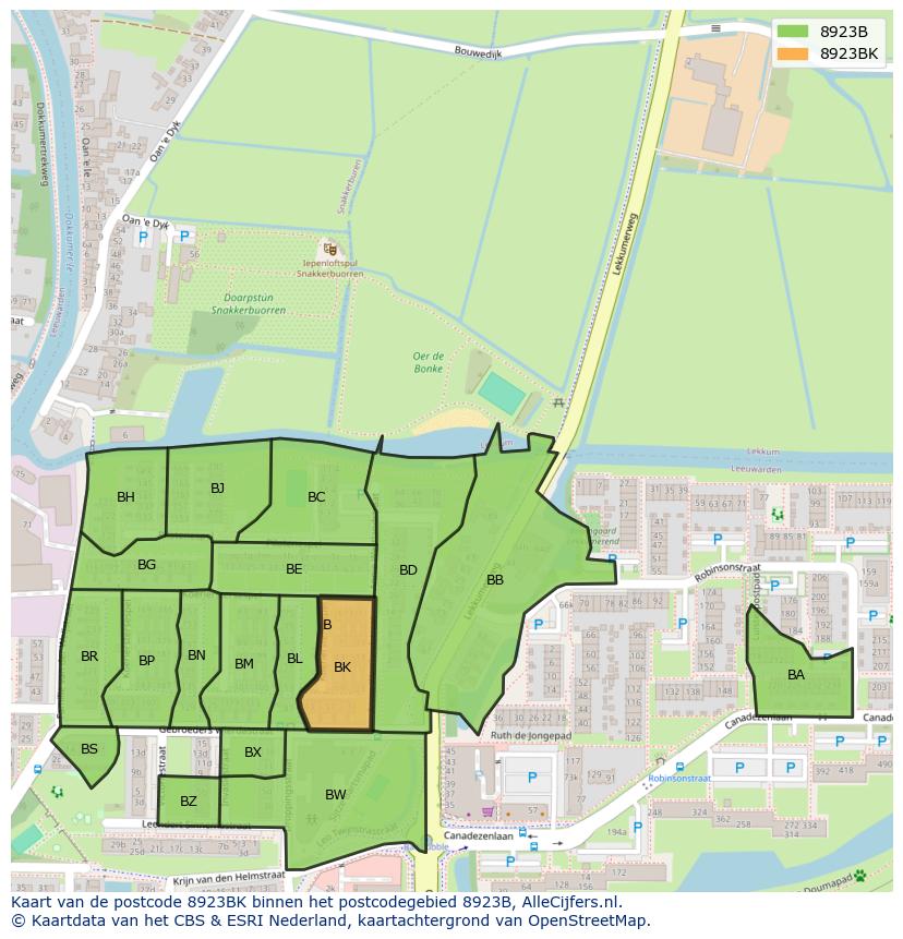 Afbeelding van het postcodegebied 8923 BK op de kaart.