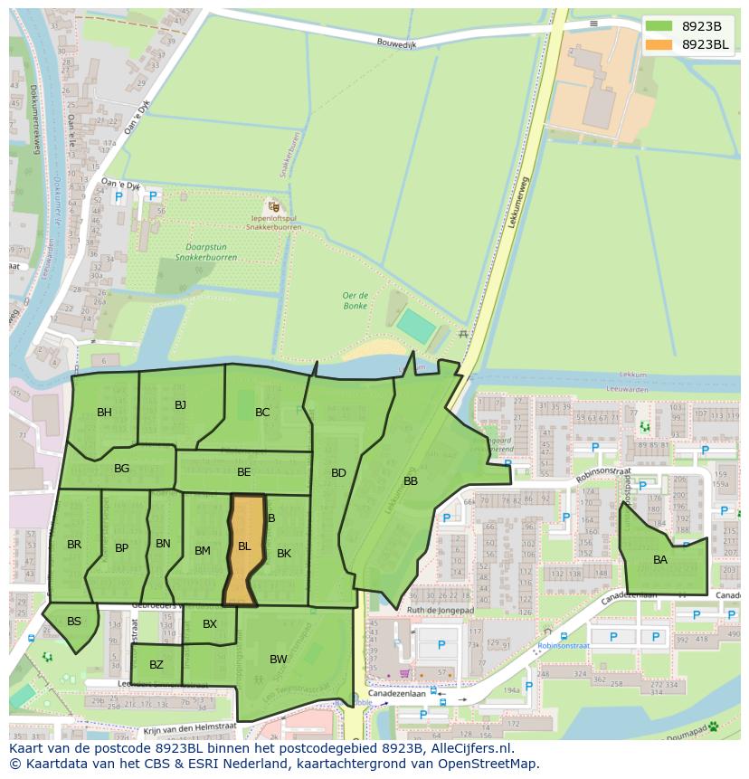 Afbeelding van het postcodegebied 8923 BL op de kaart.