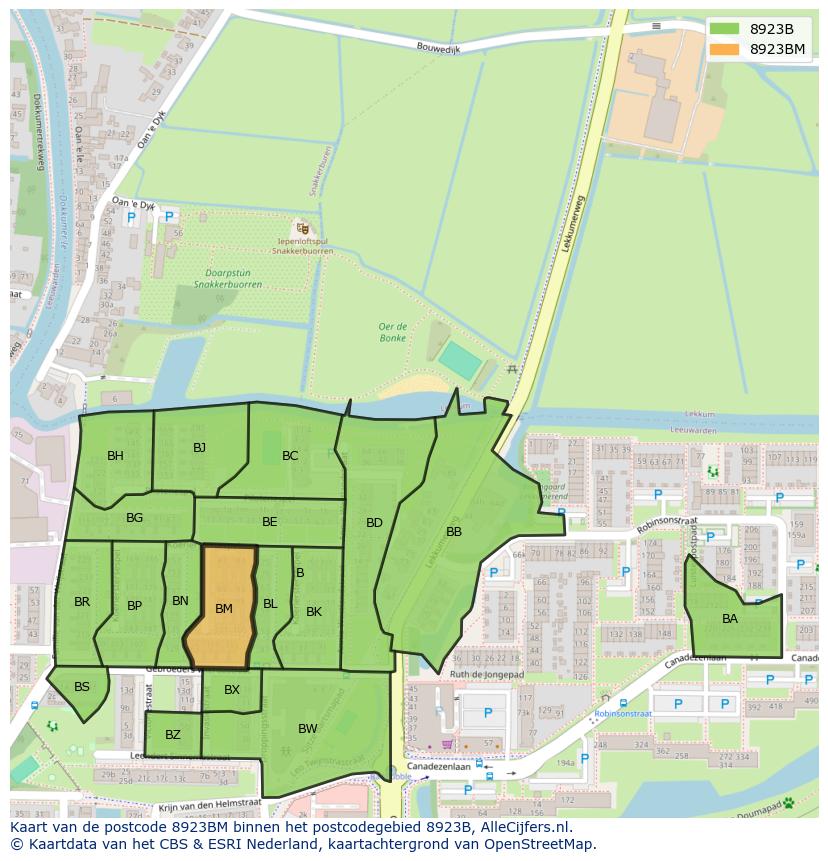 Afbeelding van het postcodegebied 8923 BM op de kaart.