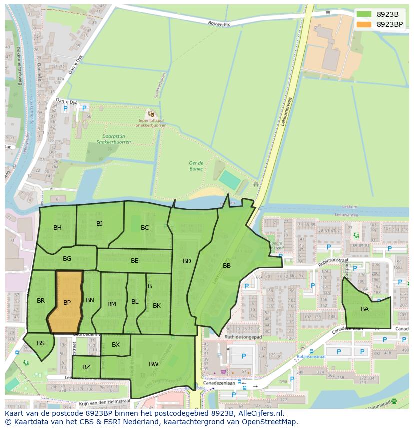 Afbeelding van het postcodegebied 8923 BP op de kaart.
