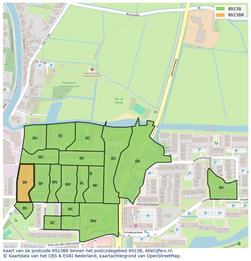 Afbeelding van het postcodegebied 8923 BR op de kaart.