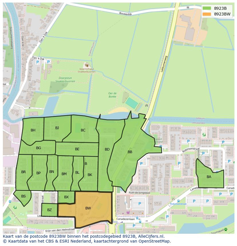 Afbeelding van het postcodegebied 8923 BW op de kaart.