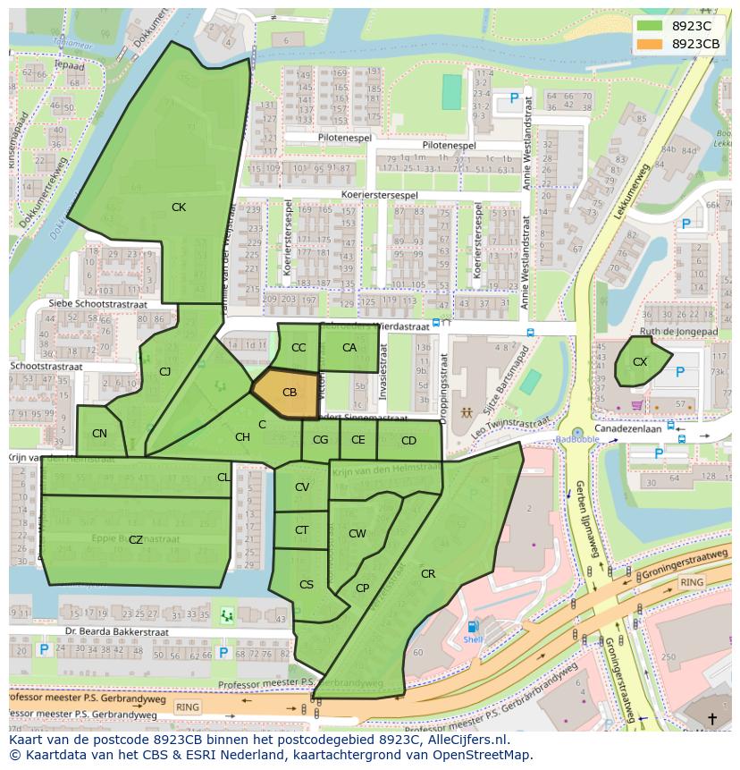 Afbeelding van het postcodegebied 8923 CB op de kaart.