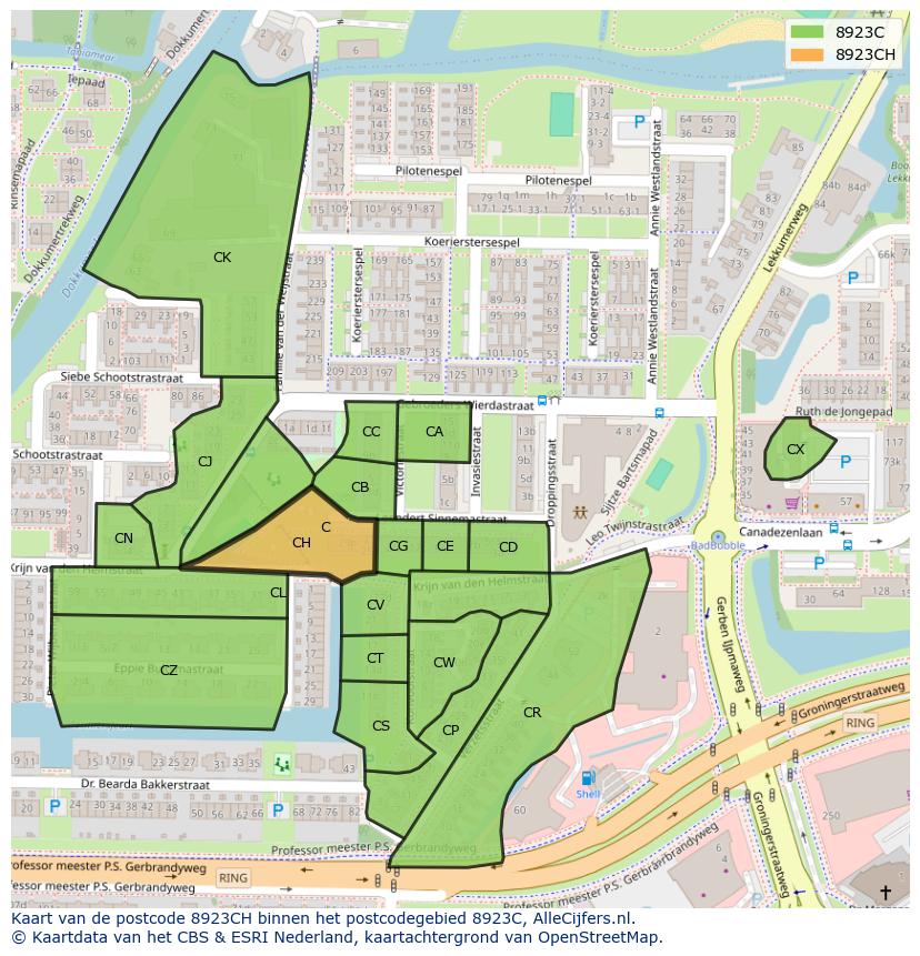 Afbeelding van het postcodegebied 8923 CH op de kaart.