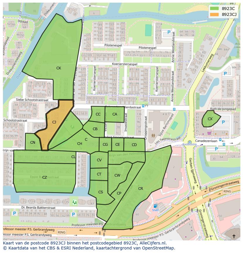 Afbeelding van het postcodegebied 8923 CJ op de kaart.