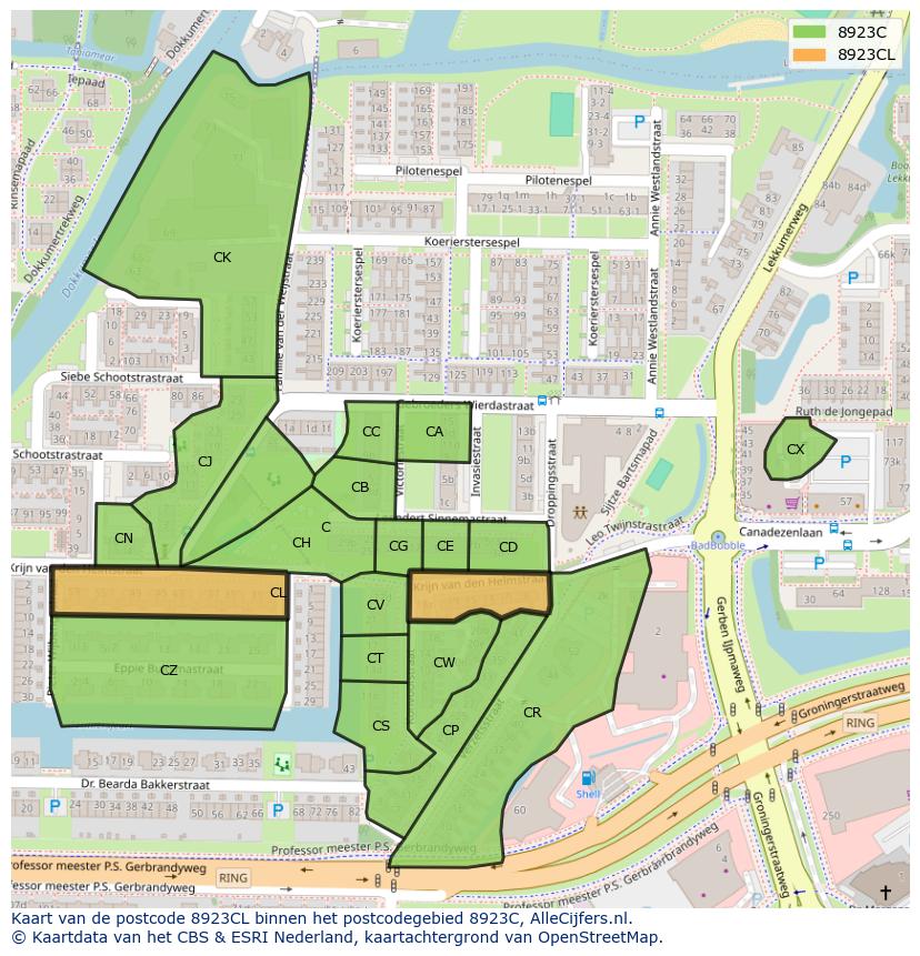 Afbeelding van het postcodegebied 8923 CL op de kaart.