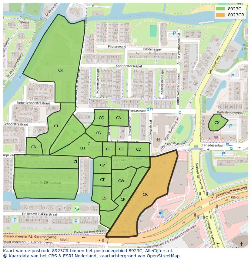 Afbeelding van het postcodegebied 8923 CR op de kaart.