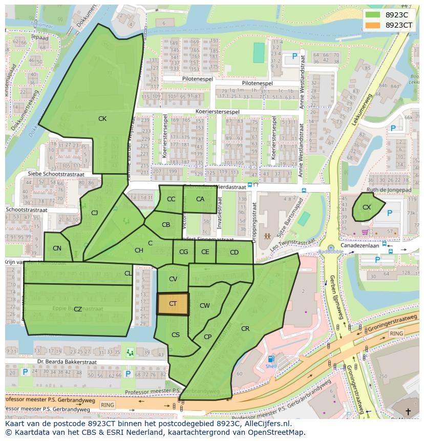 Afbeelding van het postcodegebied 8923 CT op de kaart.