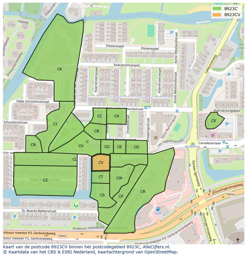 Afbeelding van het postcodegebied 8923 CV op de kaart.