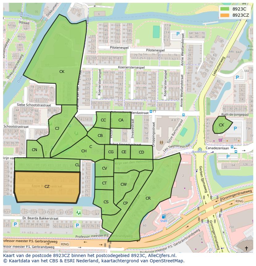 Afbeelding van het postcodegebied 8923 CZ op de kaart.