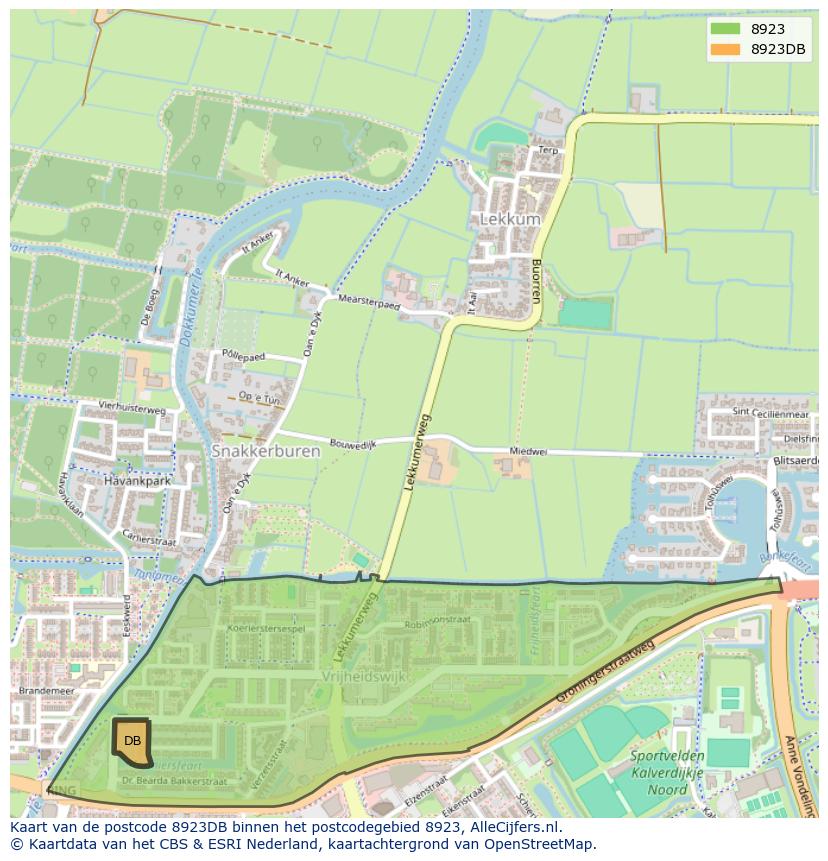 Afbeelding van het postcodegebied 8923 DB op de kaart.