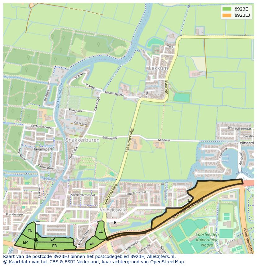 Afbeelding van het postcodegebied 8923 EJ op de kaart.
