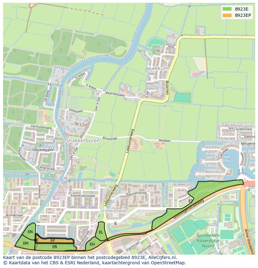 Afbeelding van het postcodegebied 8923 EP op de kaart.