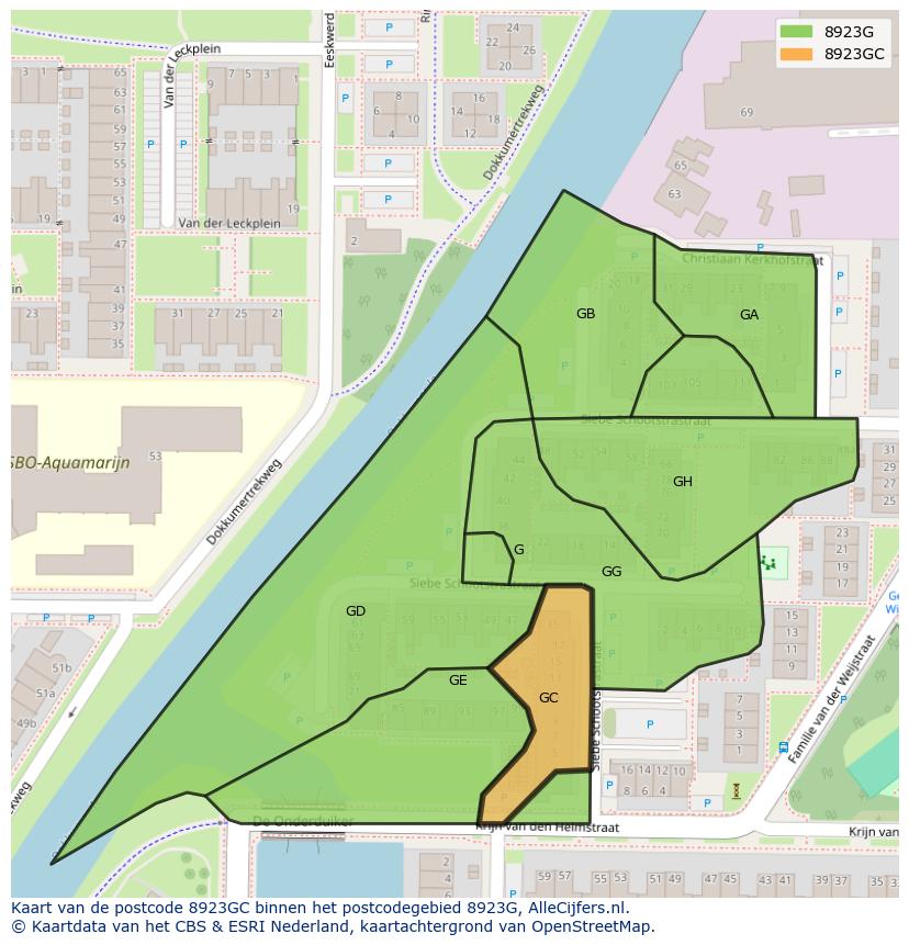Afbeelding van het postcodegebied 8923 GC op de kaart.