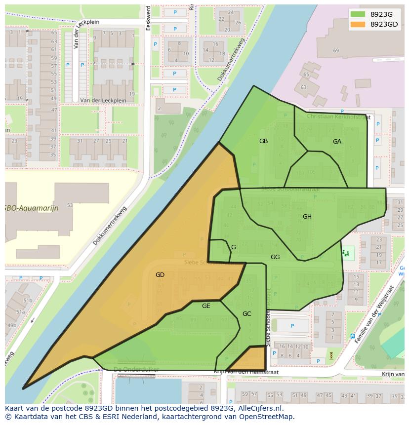 Afbeelding van het postcodegebied 8923 GD op de kaart.