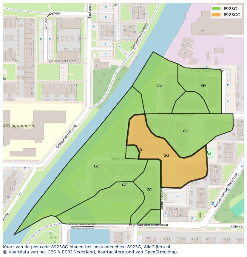 Afbeelding van het postcodegebied 8923 GG op de kaart.
