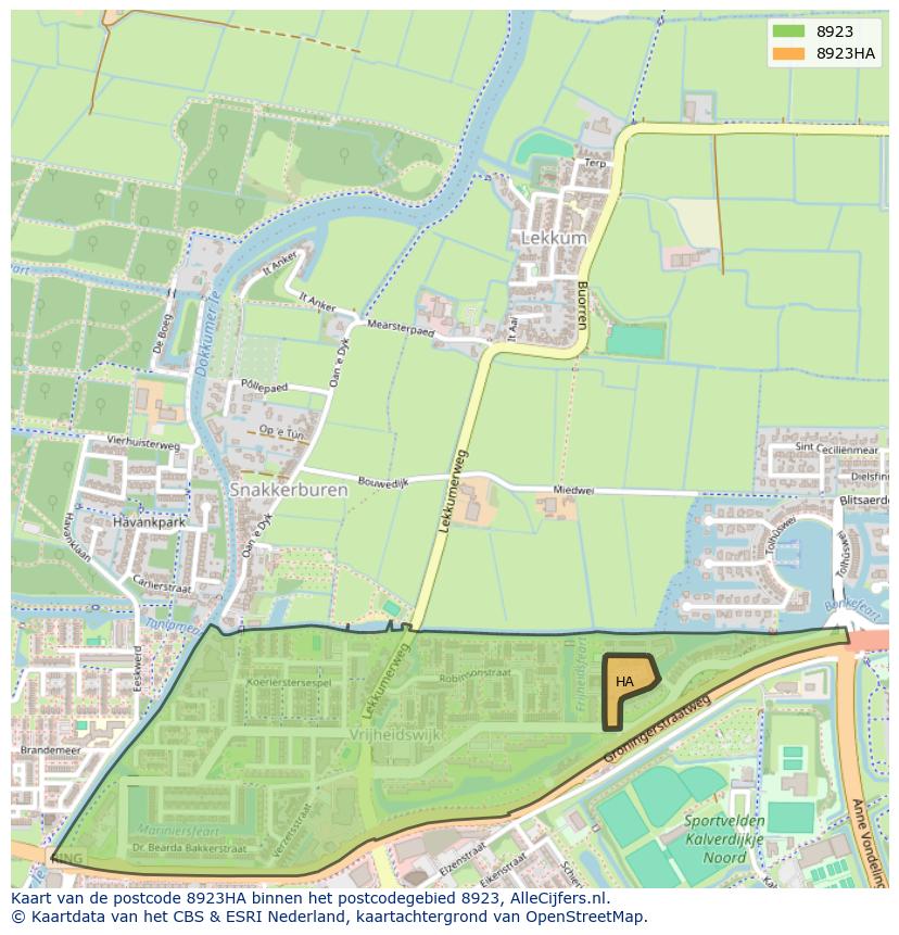 Afbeelding van het postcodegebied 8923 HA op de kaart.