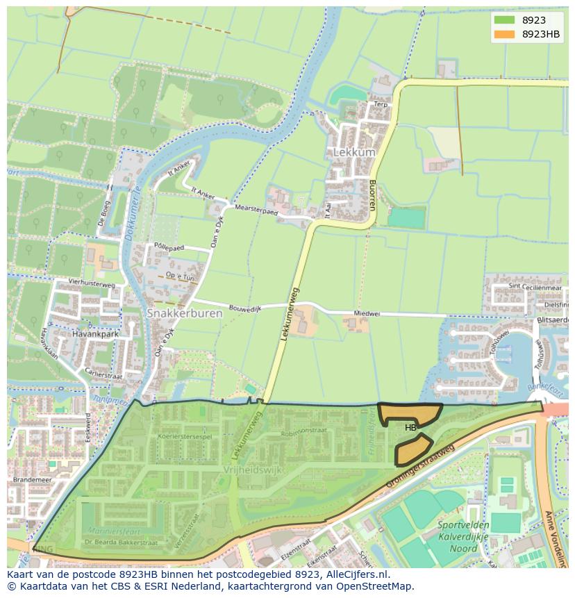 Afbeelding van het postcodegebied 8923 HB op de kaart.
