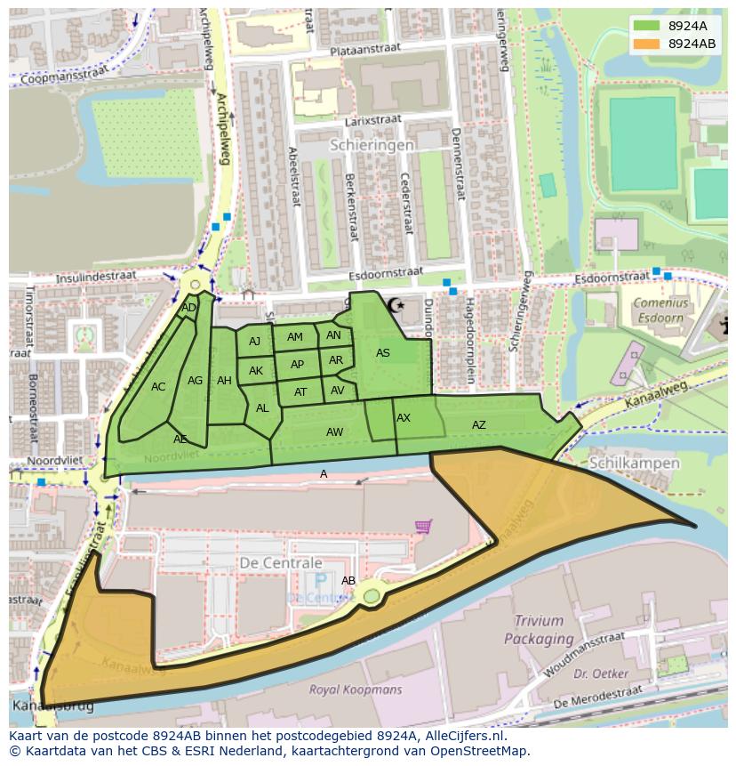 Afbeelding van het postcodegebied 8924 AB op de kaart.