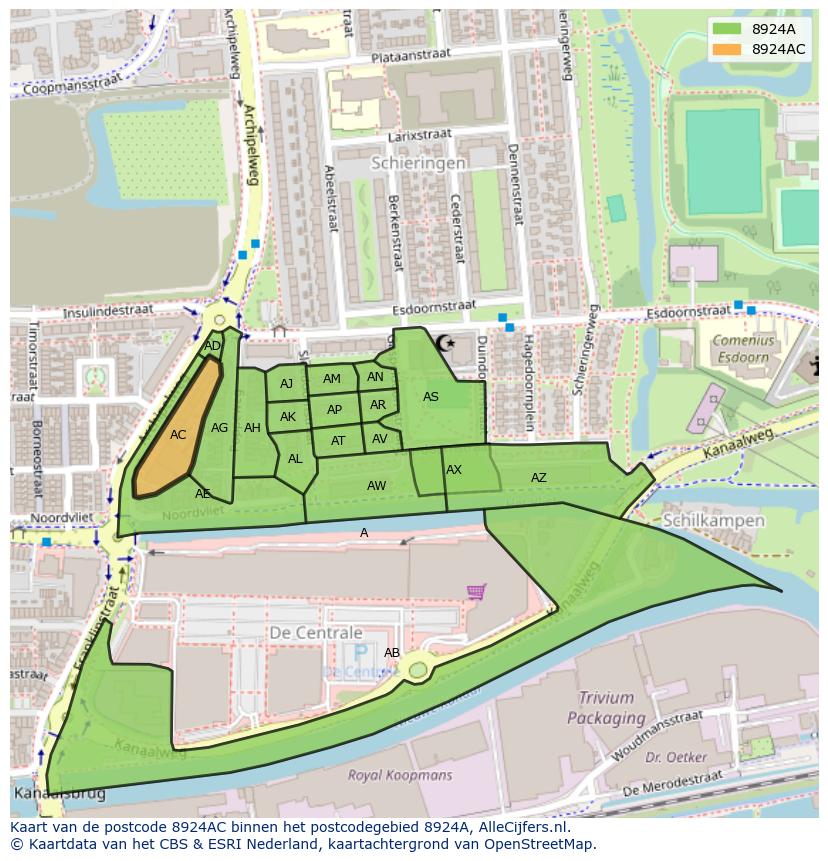 Afbeelding van het postcodegebied 8924 AC op de kaart.