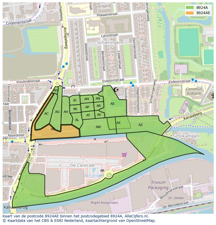 Afbeelding van het postcodegebied 8924 AE op de kaart.