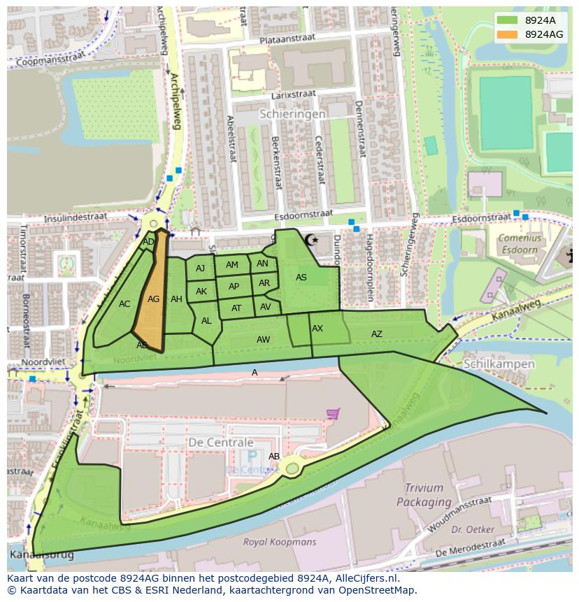 Afbeelding van het postcodegebied 8924 AG op de kaart.