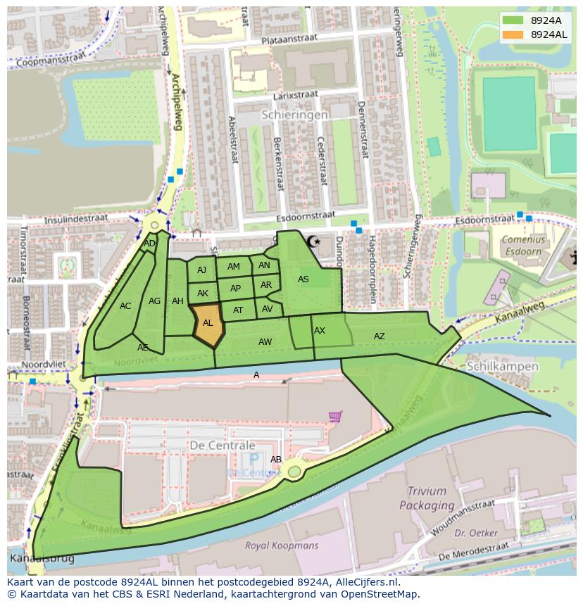 Afbeelding van het postcodegebied 8924 AL op de kaart.