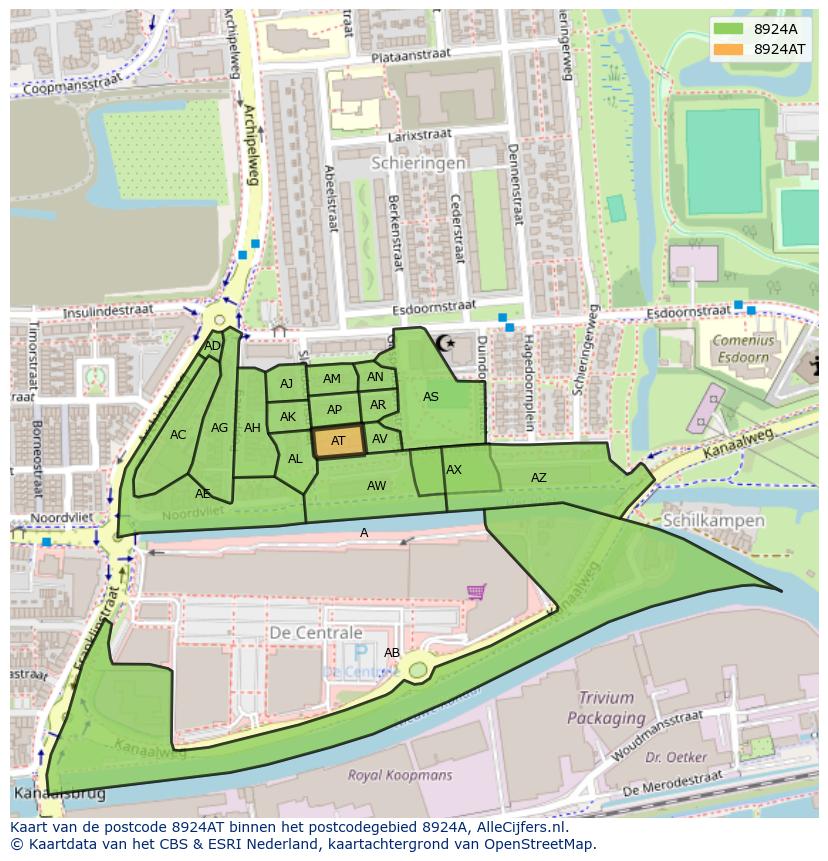 Afbeelding van het postcodegebied 8924 AT op de kaart.
