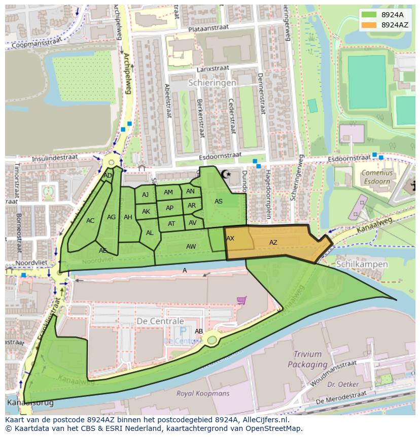 Afbeelding van het postcodegebied 8924 AZ op de kaart.