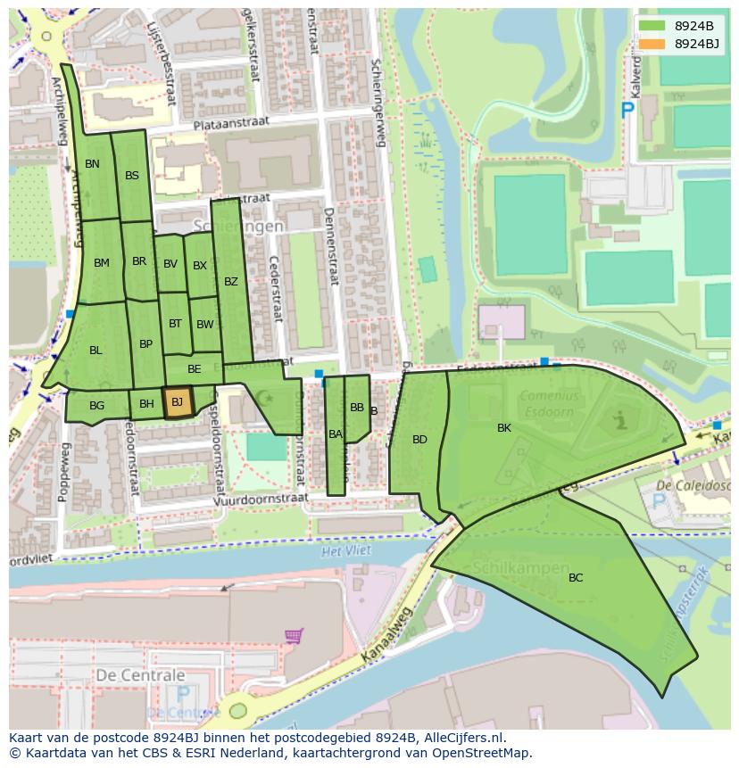 Afbeelding van het postcodegebied 8924 BJ op de kaart.