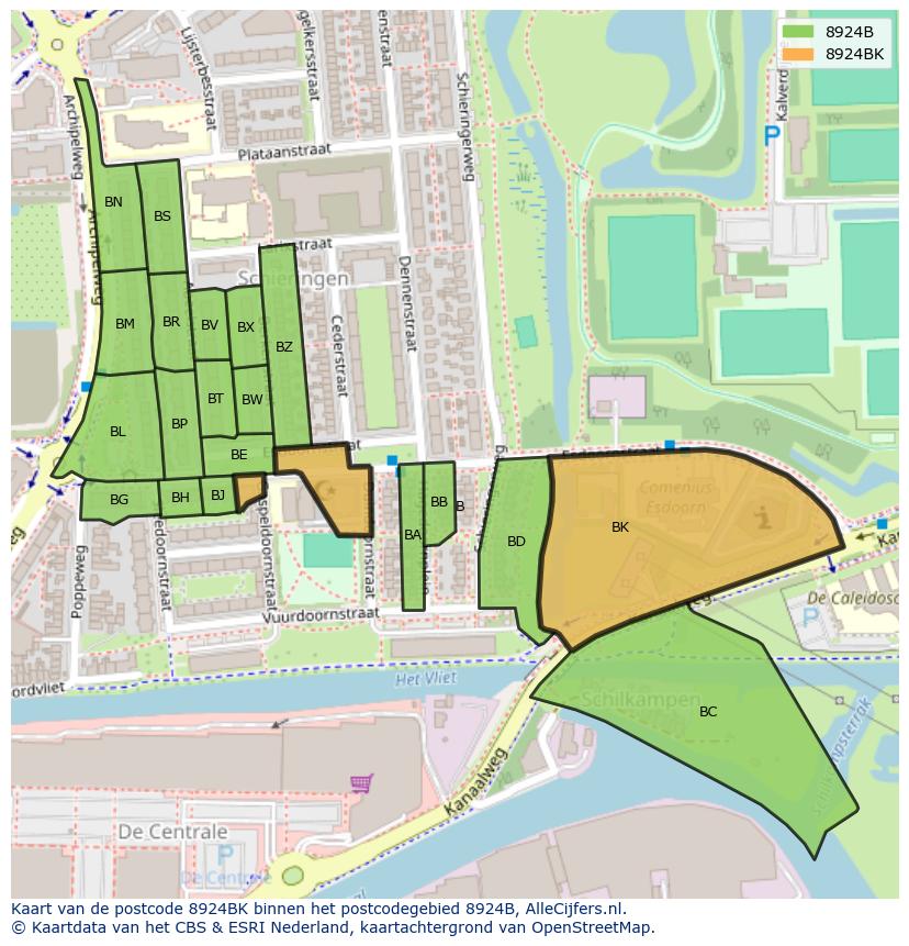 Afbeelding van het postcodegebied 8924 BK op de kaart.